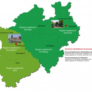 Eine Karte von NRW. Darin verzeichnet sind die Grenzen zwischen den Regierungsbezirken Köln, Arnsberg, Düsseldorf, Münster und Detmold, sowie die Personenstandregister in Duisburg und Detmold.  