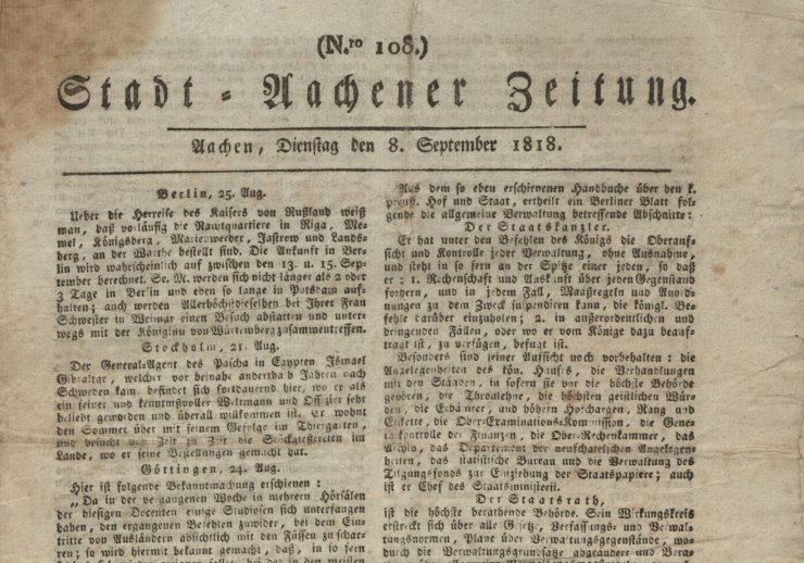 Titelseite der Stadt-Aachener Zeitung, Nr. 108 (1818)