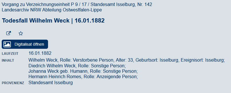 Screenshot des Todesfall Wilhelm Weck im Archivportak.
