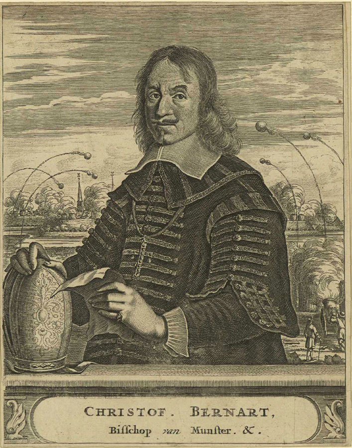 Christoph Bernhard von Galen, umstrittener Fürstbischof von Münster zwischen 1650 und 1678, hier als Kupferstich von 1675. Im Hintergrund wird die Belagerung Münsters dargestellt. Foto: Stadtarchiv Münster.
