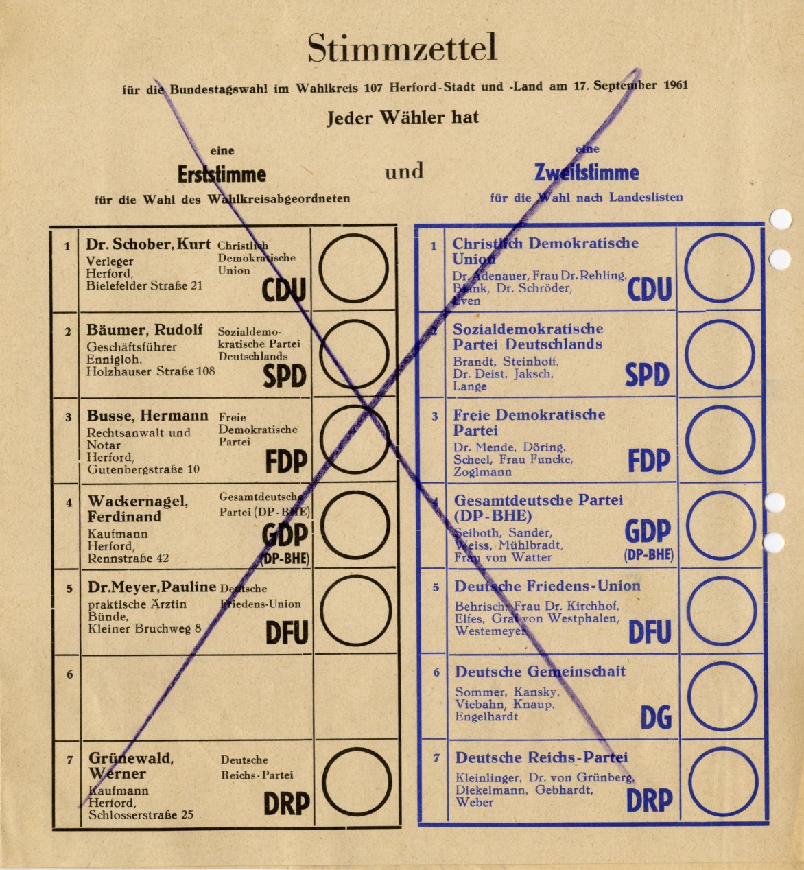 Stimmzettel zur Bundestagswahl 1961 für den Wahlkreis Herford Stadt und Land