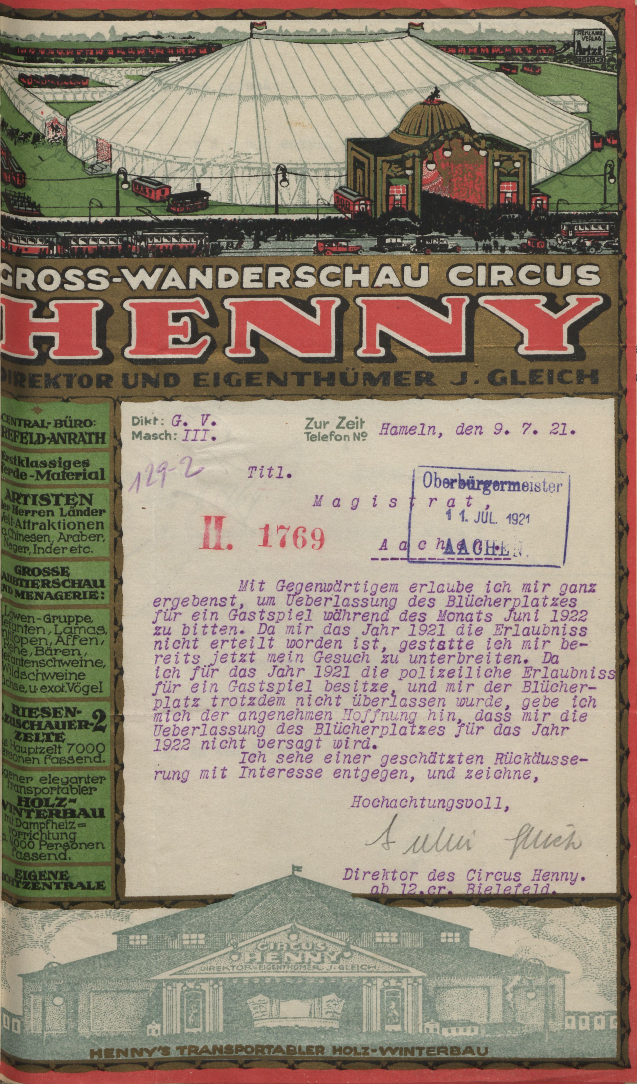 Briefbogen des Circus Henny, 1922 