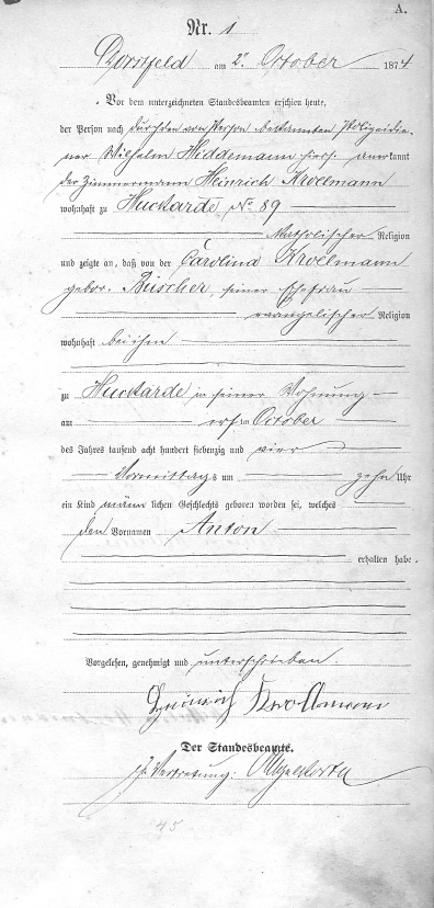 Eine Seite aus dem Dorstfelder Geburtsregister von 1874
