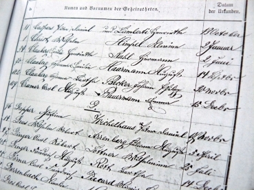 Seitenansicht eines Heiratsregisters mit handschriftlichen Eintragungen