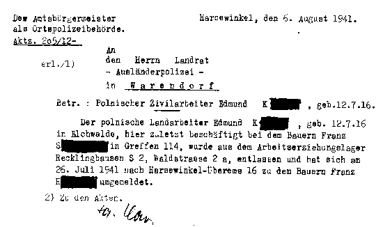 Verfügung des Amtsbürgermeisters vom 03.08.1941 über die Zuweisung zu einer neuen Arbeitsstelle