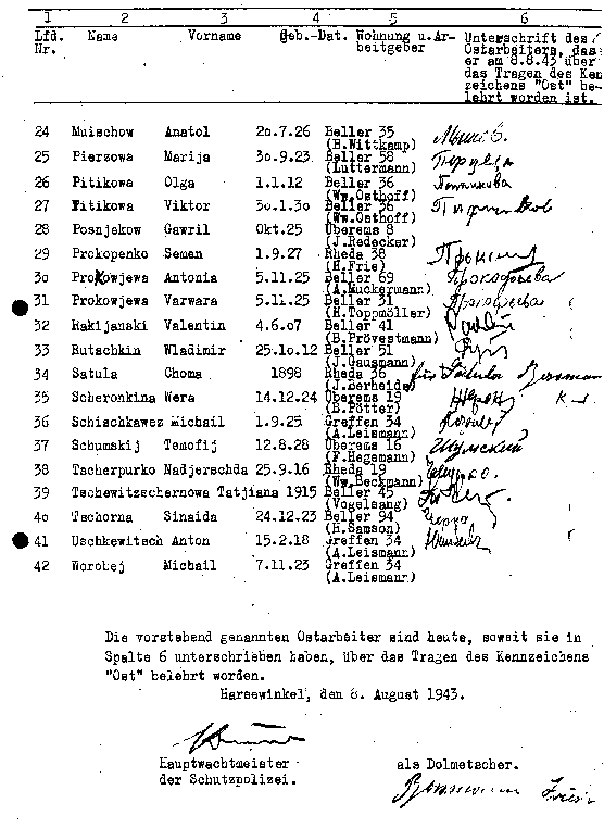 Liste der über das Tragen des Kennzeichens belehrten Zwangsarbeiterinnen