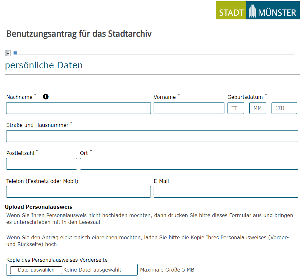 Zum Formsolutions Formular "Benutzungsantrag für das Stadtarchiv"