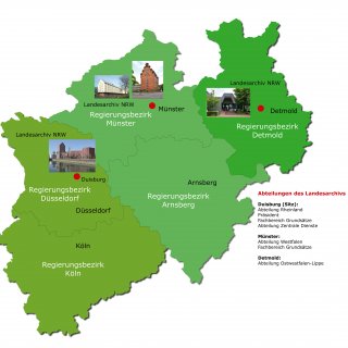Eine Karte von Nordrhein-Westfalen. Sie ist unterteilt in die Abteilungen des Landesarchivs. Also Rheinland, Westfalen und Ostwestfalen-Lippe.