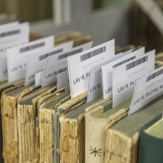 Eine Nahaufnahme einiger alter Akten in einem Regal. Aus den Akten schauen oben Zettel mit Signaturen und Barcodes heraus.
