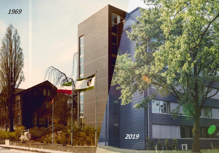 50 Jahre Löhne - Collage mit altem Amtshaus (1969) und neuem Rathaus (2019)