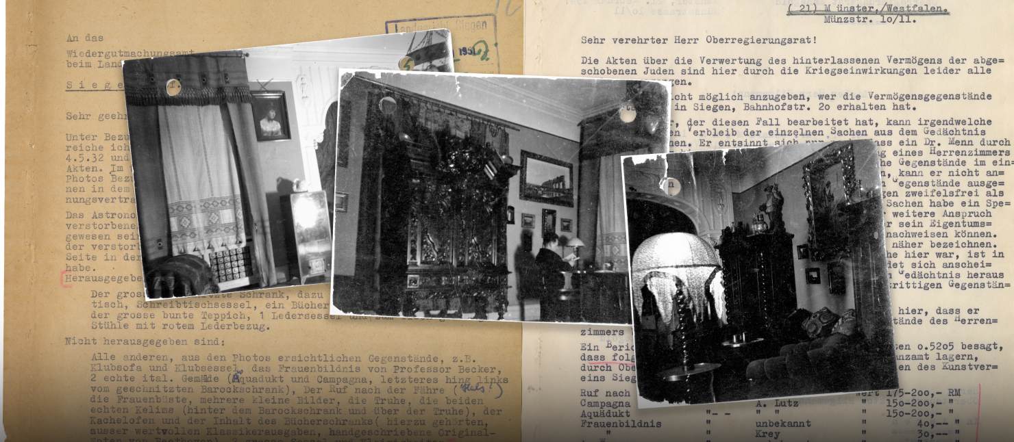 Dokument auf dem 3 alte schwarz-weiß Fotografien von Wohnräumen mit Gemälden liegen