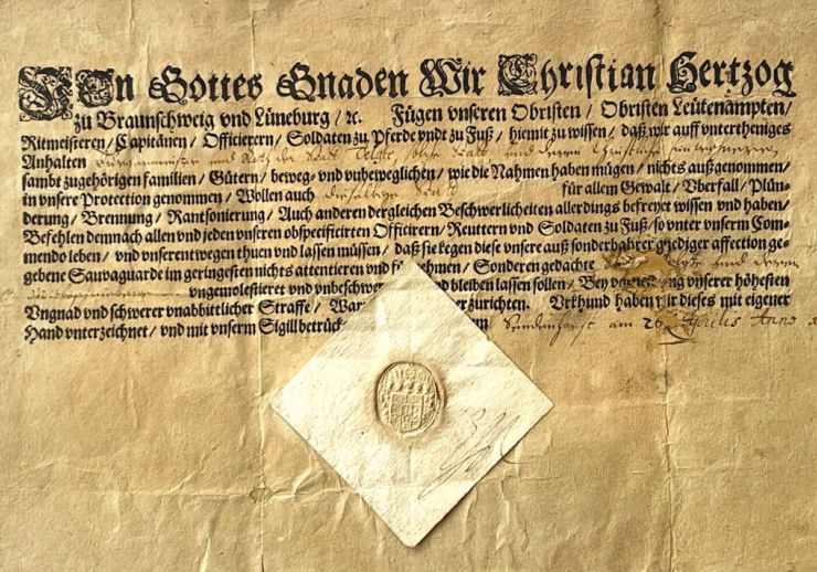 Schutzbrief von Christian Herzog zu Braunschweig-Lüneburg für die Stadt Telgte