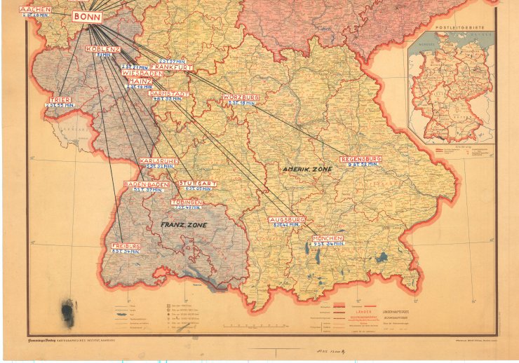 Deutschlandkarte der „Eisenbahnfahrzeiten von Bonn nach deutschen Städten“