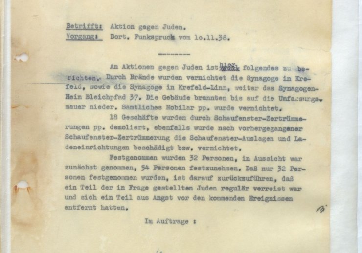 Seite aus einem Bericht an die Geheime Staatspolizei Düsseldorf. Betrifft: Aktion gegen Juden.