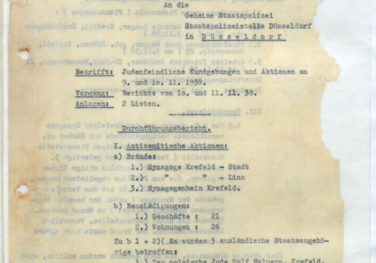 Liste mit antisemitischen Aktionen am 9. und 10.11.1938. Darunter Brände in Synagogen und Beschädigungen von Häusern.