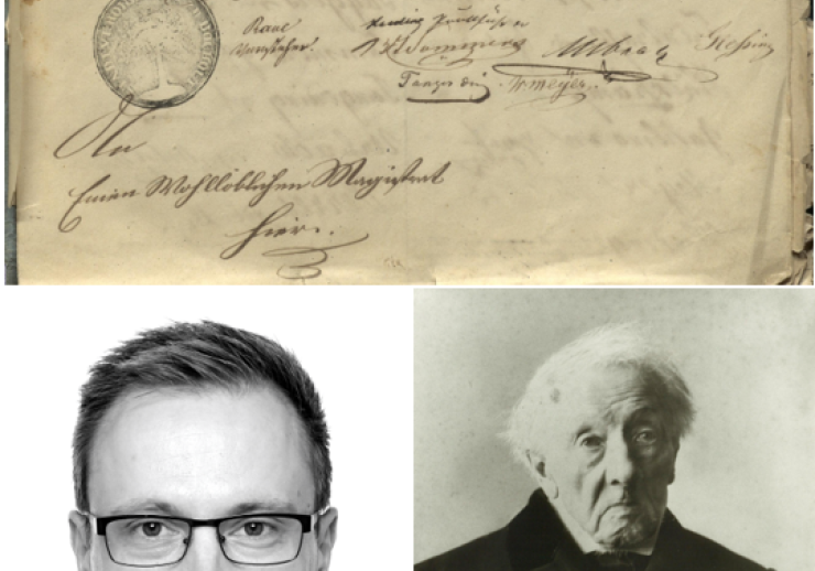 Schreiben vom 16. März 1848 mit Unterschrift der Stadtverordneten sowie zwei Portraits des Referenten Dr. Henning Bovenkerk und des zeitgenössischen Historiker Friedrich Leopold Reigers