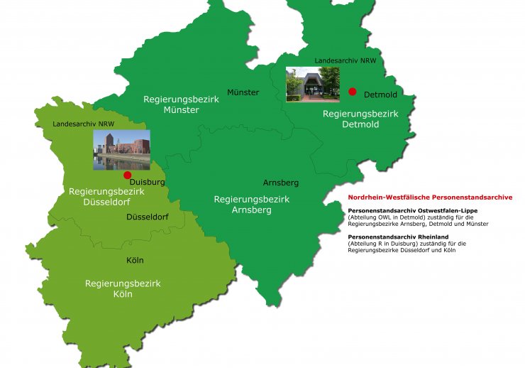Eine Karte von NRW. Darin verzeichnet sind die Grenzen zwischen den Regierungsbezirken Köln, Arnsberg, Düsseldorf, Münster und Detmold, sowie die Personenstandregister in Duisburg und Detmold.  