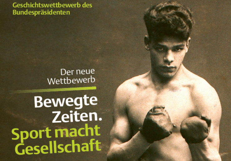 Ein Boxer schaut mit erhobenen Fäußten in die Kamera. Daneben steht geschrieben: Der neue Wettbewerb. Bewegte Zeiten. Sport macht Gesellschaft.