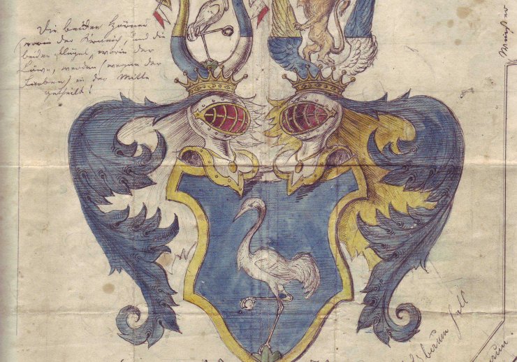 Zeichnung eines Wappens mit mehreren Schwänen