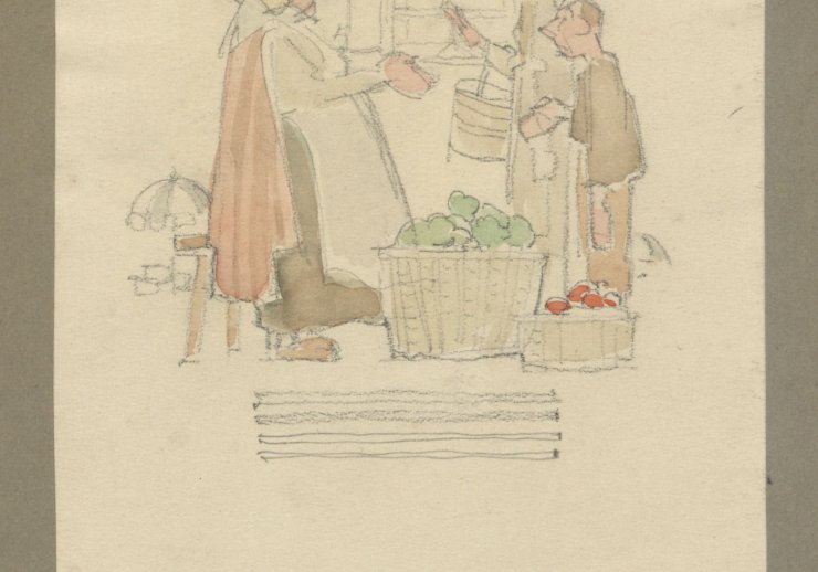 Das Marktweib Tant Hatzor mit einer Käuferin und einem Jungen, im Hintergrund das Aachener Rathaus