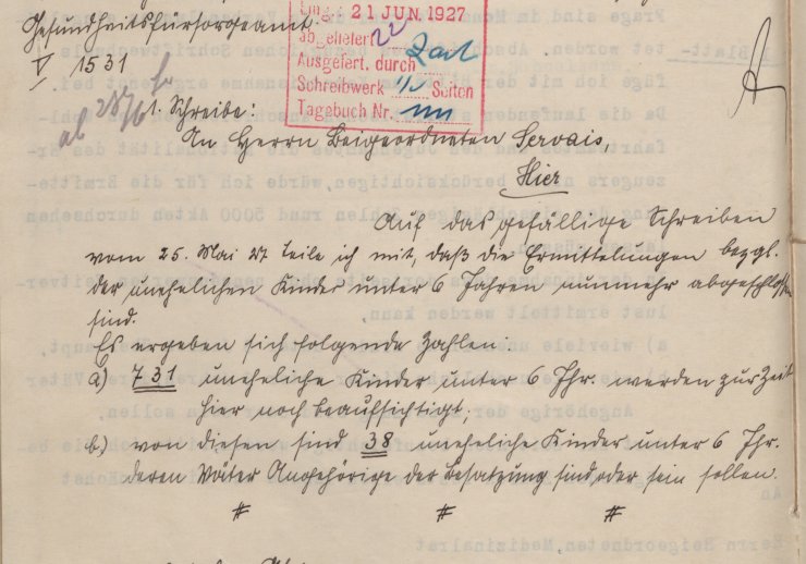 Konzept der Meldung der Stadt Aachen an den Verband der Stadt- und Landkreise der besetzten Gebiete über uneheliche Kinder mit Fürsorgeanspruch, 27. Juni 1927