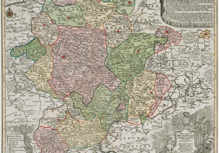 Abb.: Territorialkarte des Herzogtums Westfalen, 1. Hälfte 18. Jh., kol. Stich von Matthäus Seutter, LAV NRW W, W 051/Kartensammlung A, Nr. 11720