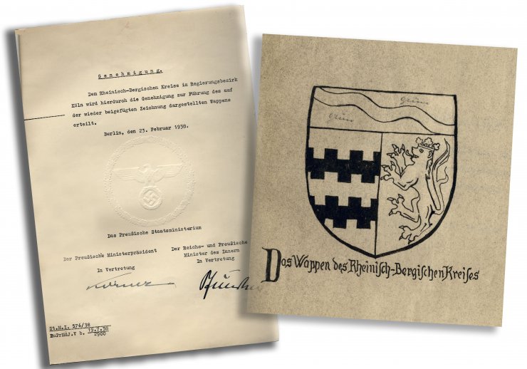 Wappenentwurf von Wolfgang Pagenstecher und Wappengenehmigung des Preußischen Staatsministeriums (1938)