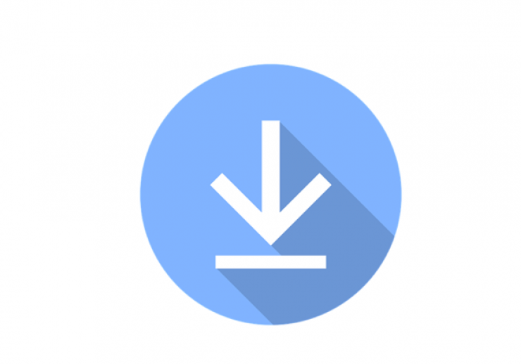 Ein rundes Download-Symbol auf hellblauem Grund: Ein Pfeil zeigt von oben nach unten auf einen Strich.