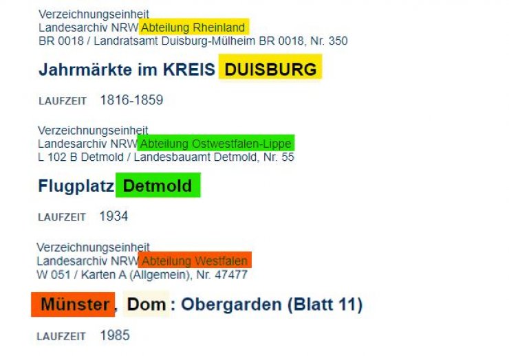 Drei Ergebnisse von der Suche nach Papieren. Es sind Papiere über die Städte Duisburg, Detmold und Münster. Sie sind jeweils mit der gleichen Farbe markiert, wie die Abteilungen aus denen sie kommen.
