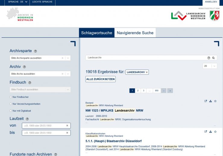 Startseite des Archivportals. In den Suchschlitz ist das Wort "Landesarchiv" eingetragen. Darunter erscheinen 19018 Treffer. 