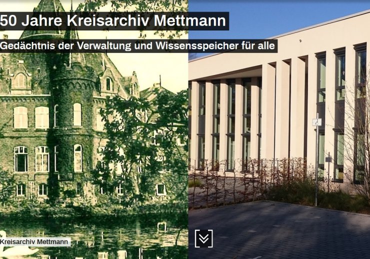 Screenshot der Titelseite der Ausstellung. Zweigeteiltes Bild. linke Hälfte: in einem grünlich-grauen Ton das Schloss Linnep (Ratingen). Bis 1996 hat sich das Kreisarchiv dort befunden. Rechte Hälfte: Rückseite des heutigen Verwaltungsgebäudes 2 der Kreisverwaltung Mettmann, in dem sich das Kreisarchiv heute befindet. Am oberen Rand des Bildes ist der Titel der Ausstellung in weißer Schrift auf schwarzem Untergrund: "50 Jahre Kreisarchiv Mettmann - Gedächtnis der Verwaltung und Wissensspeicher für alle